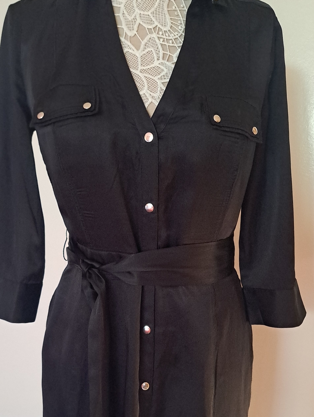 White House Black Market Black Button-Front Midi Shirt Dress - Picture 5 of 14